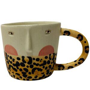 Anthropologie face ceramic mug leopard print hand painted coffee cup
